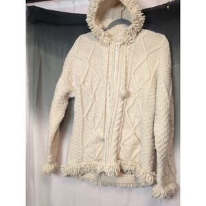 Amish Made Women's Knit Sweater Jacket Size Small/Medium Ivory With A Hood(132)